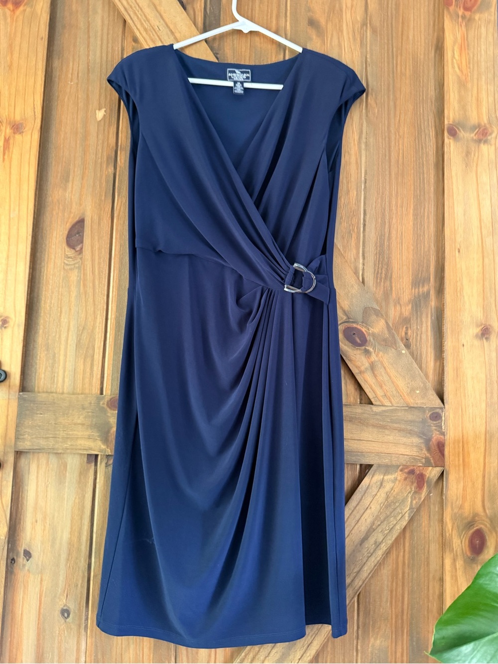 American Living Navy Faux-Wrap Midi Dress with Side Buckle